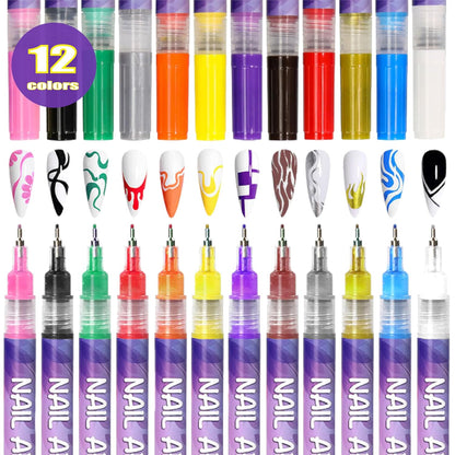 12 Colors Nail Art Pens Set 3D Nail Polish Pens Graffiti Dotting Pen Acrylic Paint Pens Point Liner Pen Drawing Painting for Nails Art Design Manicure Nail DIY Decoration