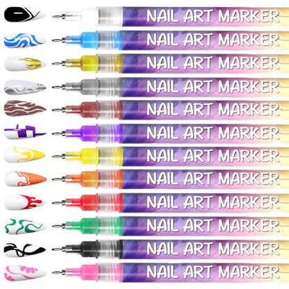 12 Colors Nail Art Pens Set 3D Nail Polish Pens Graffiti Dotting Pen Acrylic Paint Pens Point Liner Pen Drawing Painting for Nails Art Design Manicure Nail DIY Decoration
